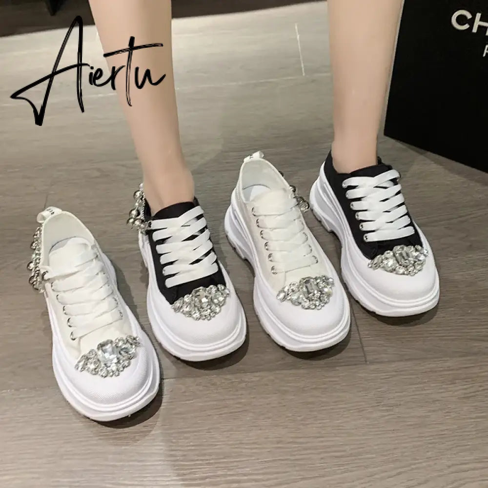 Women Chunky Sneakers Rhinestone Platform Sports Shoes Summer Height Increasing Casual Shoes 7CM High Heels Women Canvas Shoe Aiertu