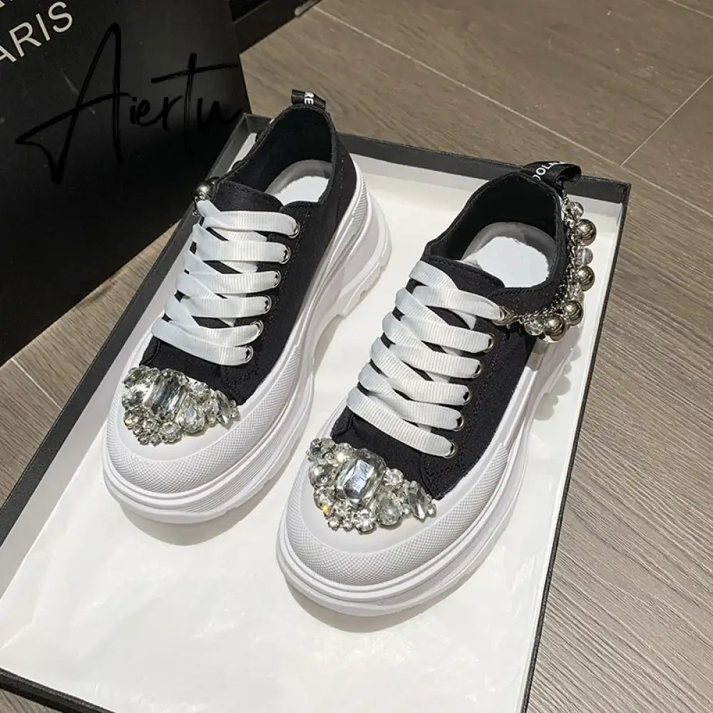 Women Chunky Sneakers Rhinestone Platform Sports Shoes Summer Height Increasing Casual Shoes 7CM High Heels Women Canvas Shoe Aiertu