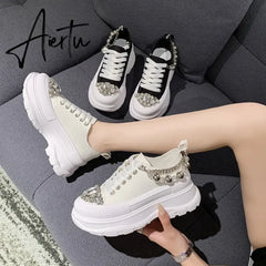 Women Chunky Sneakers Rhinestone Platform Sports Shoes Summer Height Increasing Casual Shoes 7CM High Heels Women Canvas Shoe Aiertu