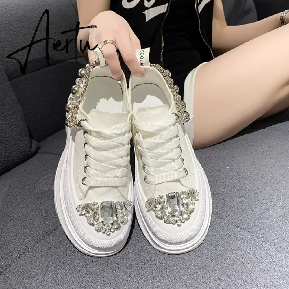 Women Chunky Sneakers Rhinestone Platform Sports Shoes Summer Height Increasing Casual Shoes 7CM High Heels Women Canvas Shoe Aiertu