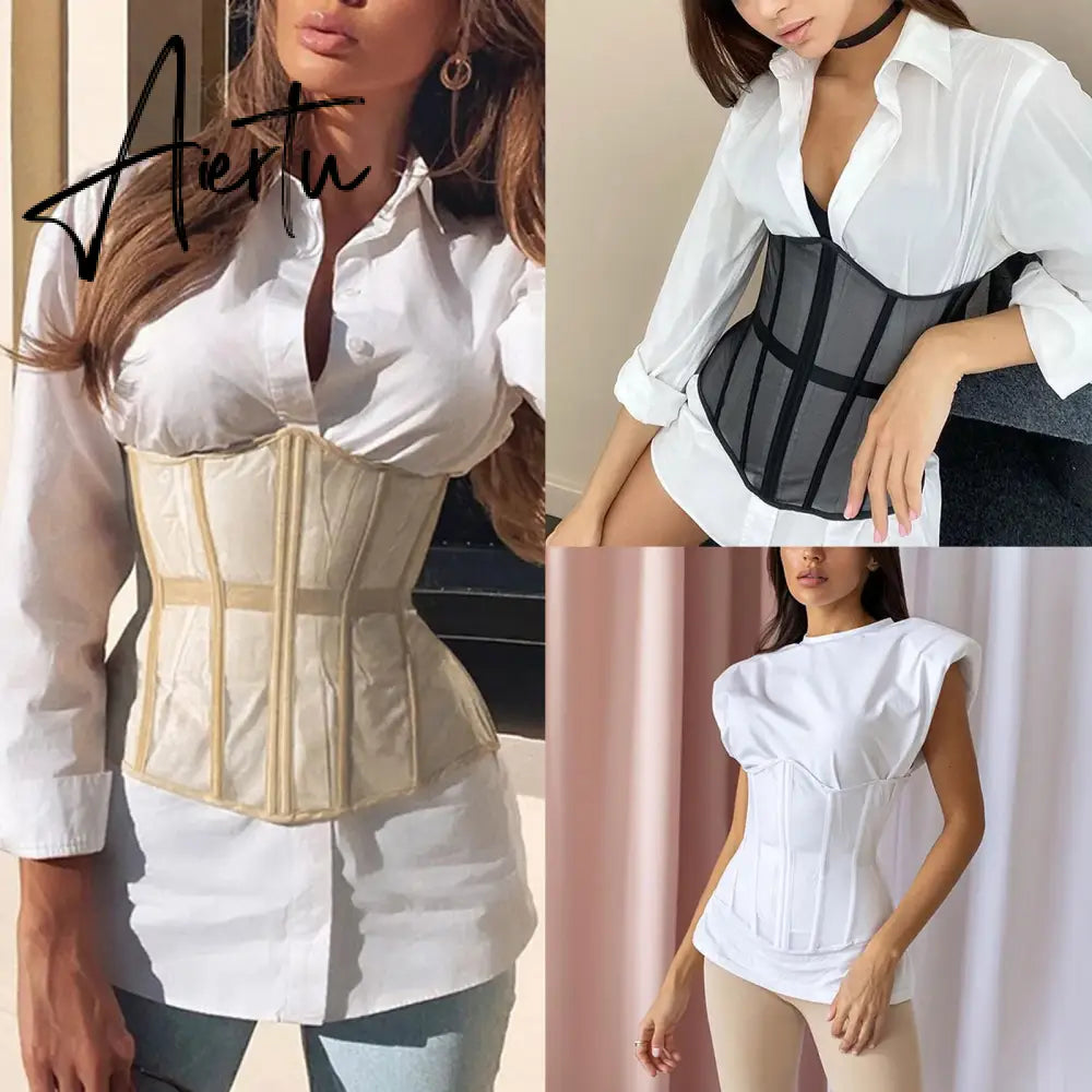 Women Corset Bustier Crop Top Lace-up Bandage Black Gothic Leather Underbust Suspender Cami Vest Waist BodyshaperTank Cummerbund Aiertu