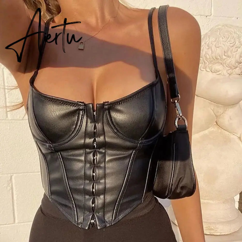 Women Corset Bustier Crop Top Lace-up Bandage Black Gothic Leather Underbust Suspender Cami Vest Waist BodyshaperTank Cummerbund Aiertu