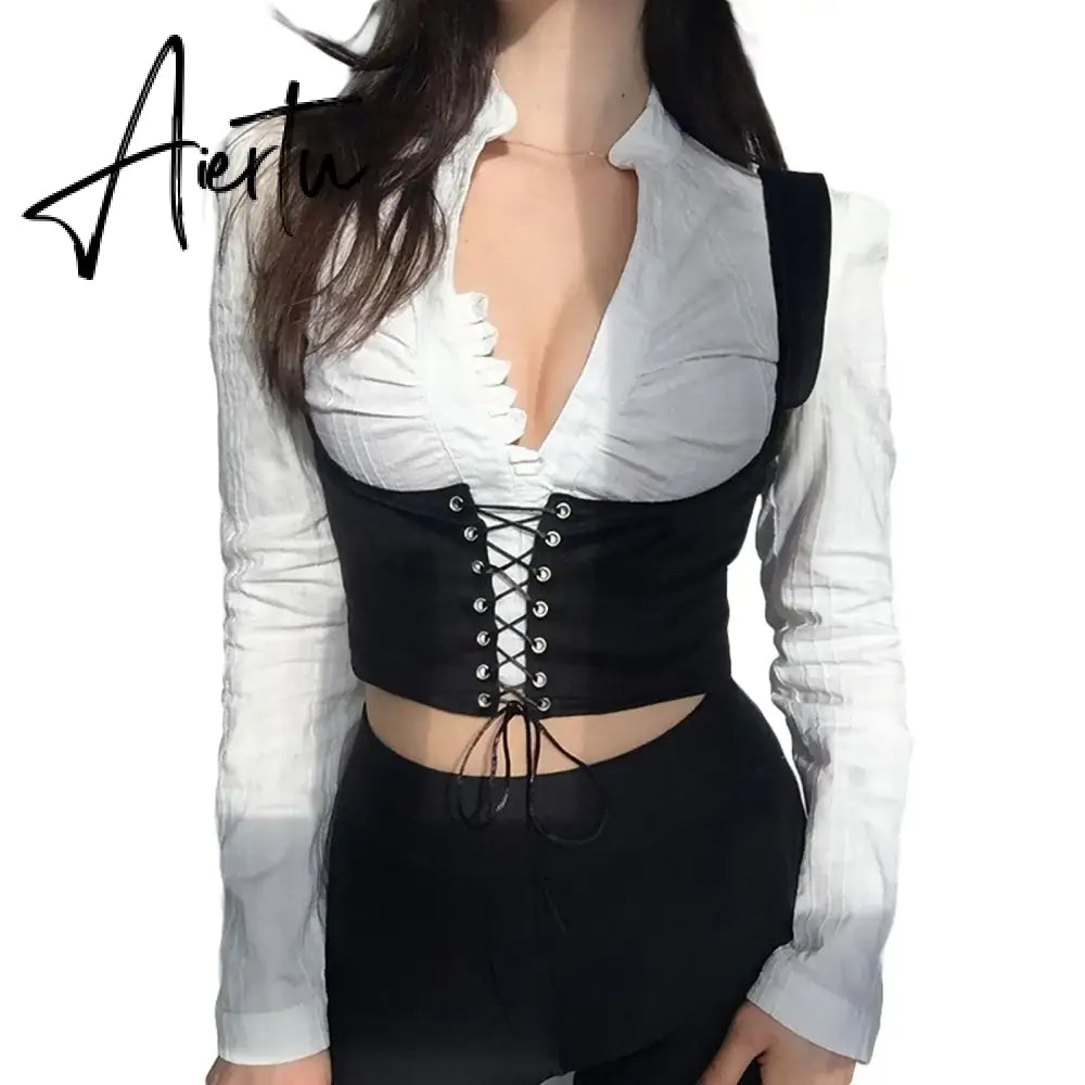Women Corset Bustier Crop Top Lace-up Bandage Black Gothic Leather Underbust Suspender Cami Vest Waist BodyshaperTank Cummerbund Aiertu