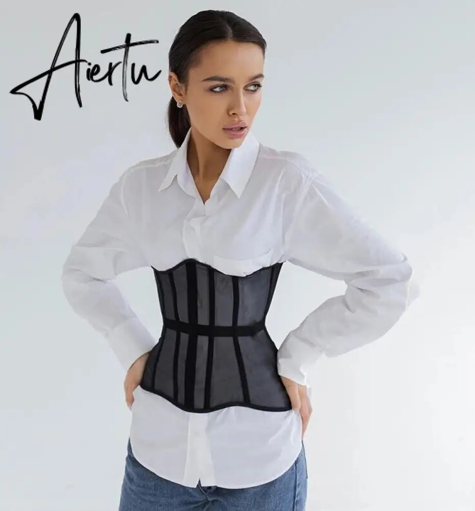Women Corset Bustier Crop Top Lace-up Bandage Black Gothic Leather Underbust Suspender Cami Vest Waist BodyshaperTank Cummerbund Aiertu