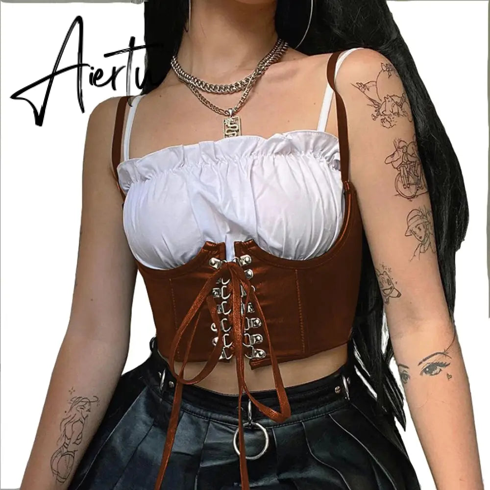 Women Corset Bustier Crop Top Lace-up Bandage Black Gothic Leather Underbust Suspender Cami Vest Waist BodyshaperTank Cummerbund Aiertu