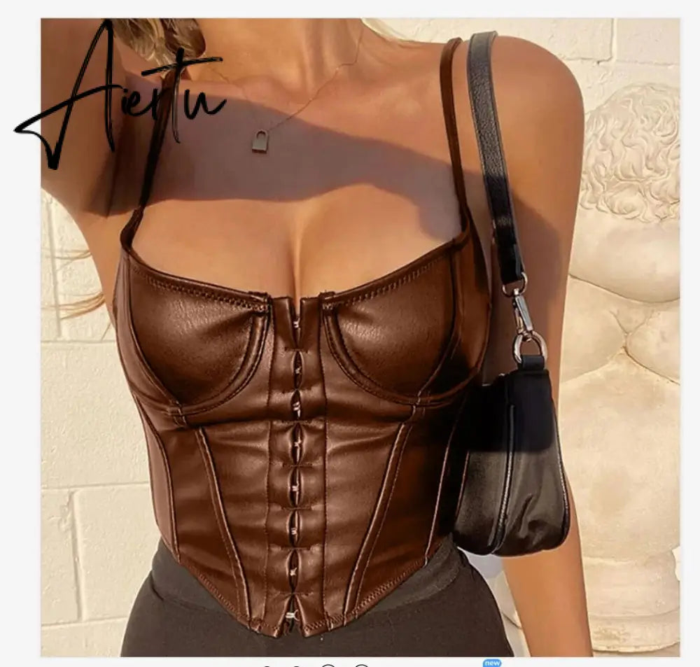 Women Corset Bustier Crop Top Lace-up Bandage Black Gothic Leather Underbust Suspender Cami Vest Waist BodyshaperTank Cummerbund Aiertu