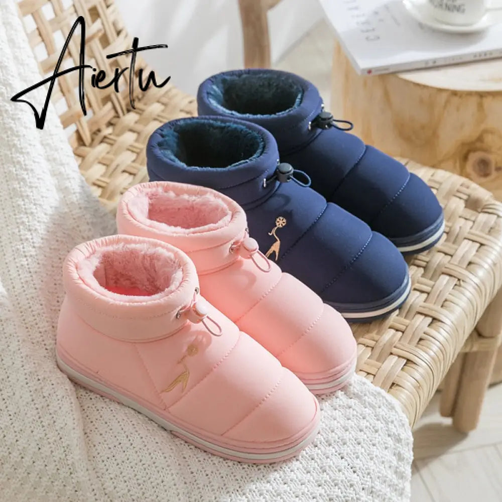 Women Cotton Shoes High-top Winter Plus Velvet Warmth Thick-soled Outdoor Down Couple Round Toe Woman Flats Slip-on Footwear Aiertu