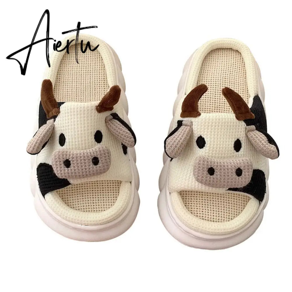 Women Cow Slippers Cute Cartoon Soft Cloud Platform Indoor Shoes Summer Female Home Slides Thick Sole Sandals Male House Slipper Aiertu
