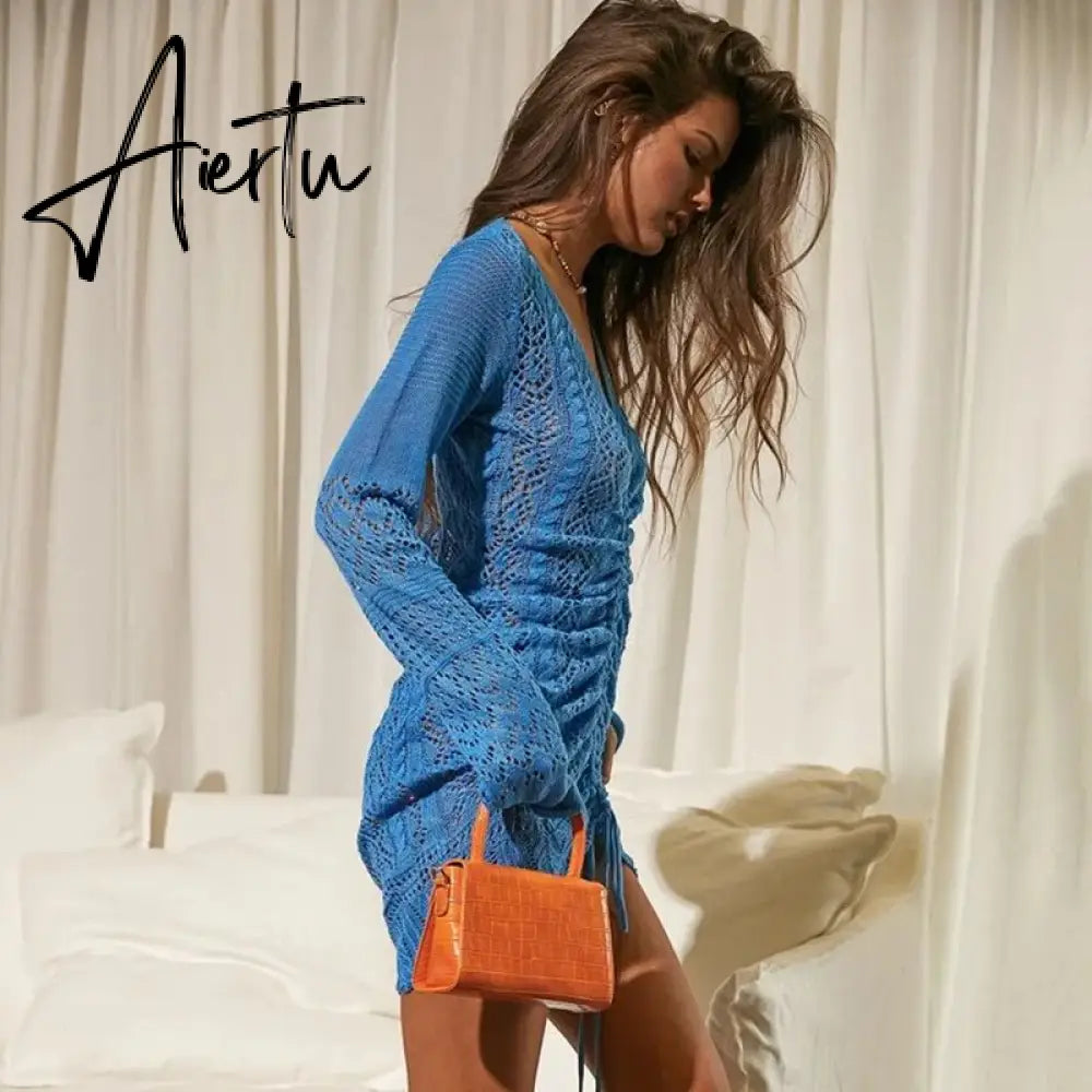 Women Deep V-neck Hollow Out Sexy Knitted Dresses Solid Long Sleeve Drawstring Mini dress Fashion Casual Spring Streetwear Aiertu