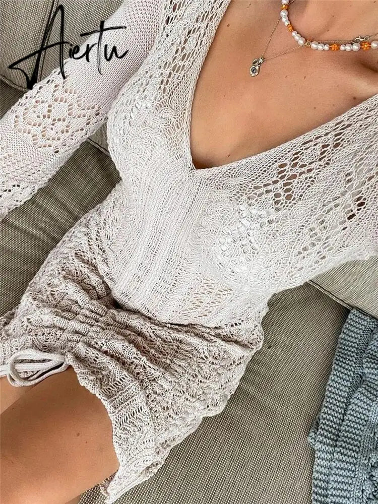Women Deep V-neck Hollow Out Sexy Knitted Dresses Solid Long Sleeve Drawstring Mini dress Fashion Casual Spring Streetwear Aiertu