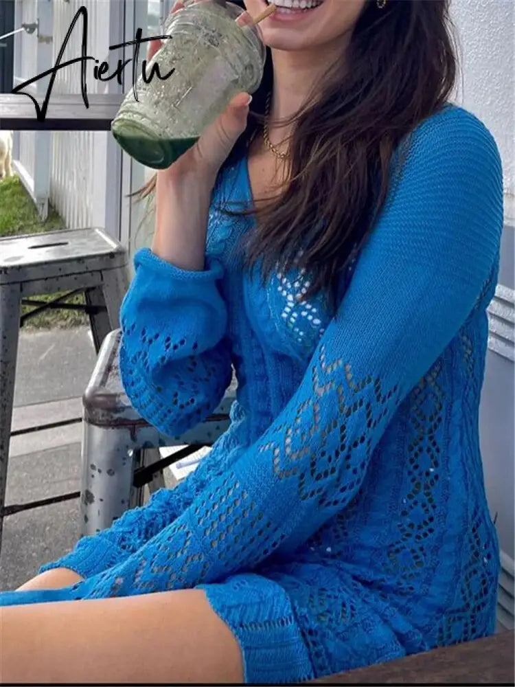 Women Deep V-neck Hollow Out Sexy Knitted Dresses Solid Long Sleeve Drawstring Mini dress Fashion Casual Spring Streetwear Aiertu