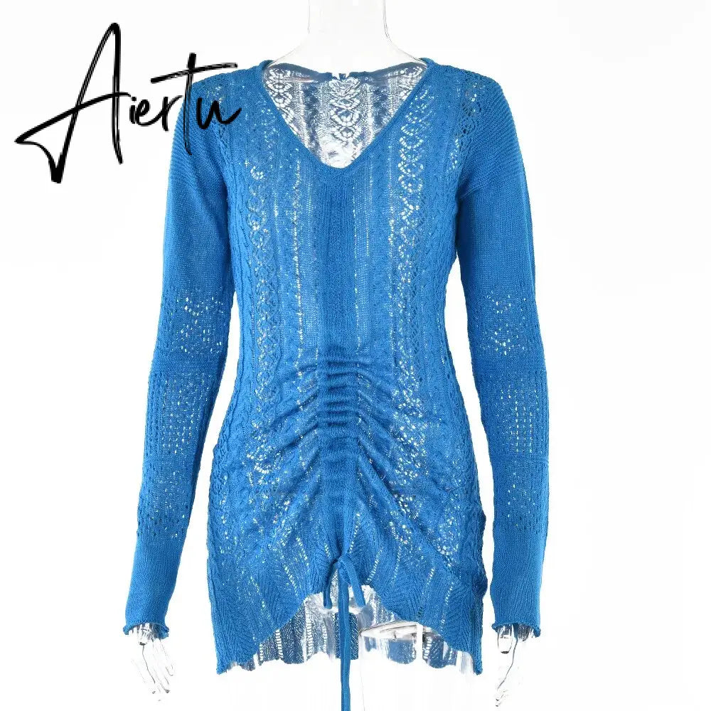 Women Deep V-neck Hollow Out Sexy Knitted Dresses Solid Long Sleeve Drawstring Mini dress Fashion Casual Spring Streetwear Aiertu