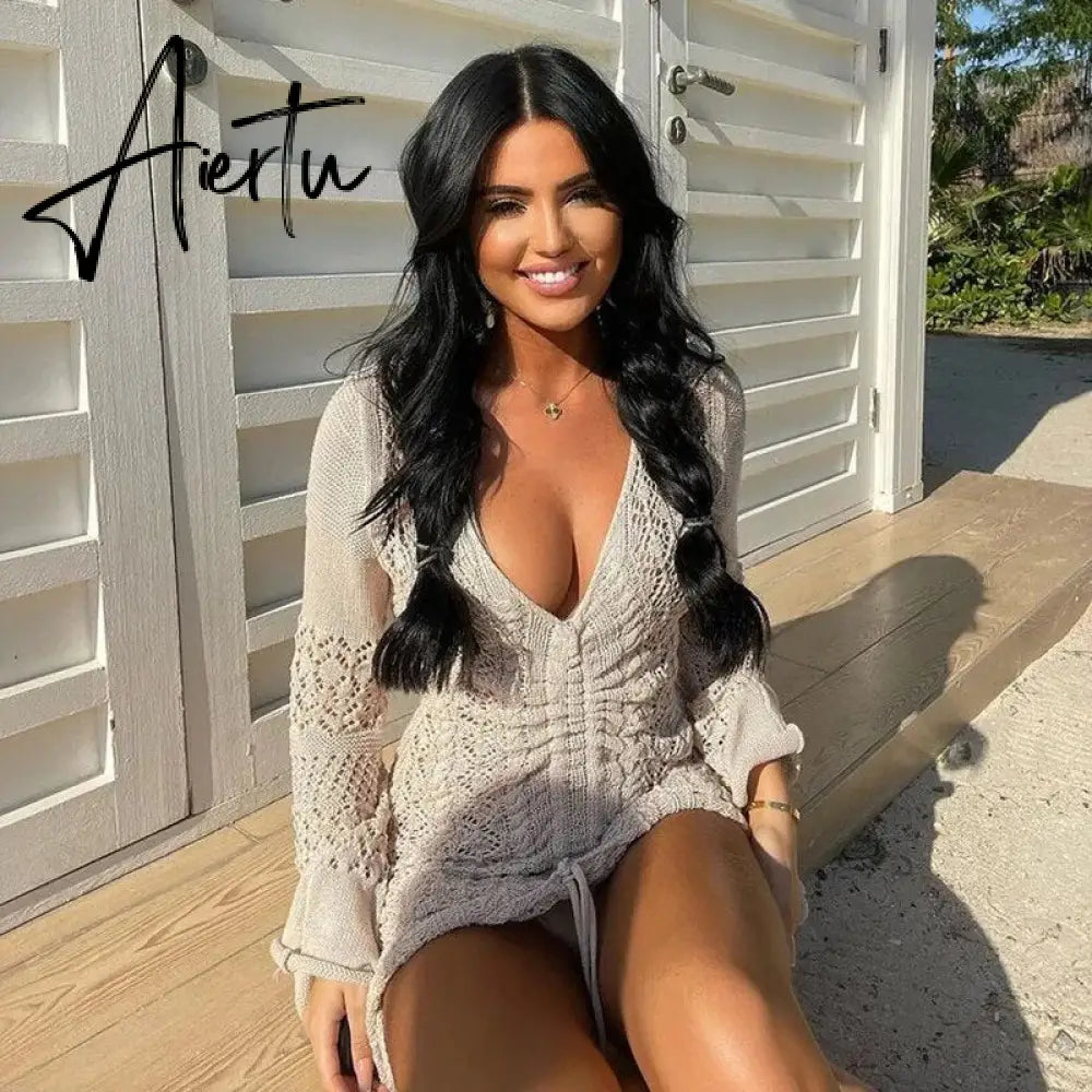 Women Deep V-neck Hollow Out Sexy Knitted Dresses Solid Long Sleeve Drawstring Mini dress Fashion Casual Spring Streetwear Aiertu