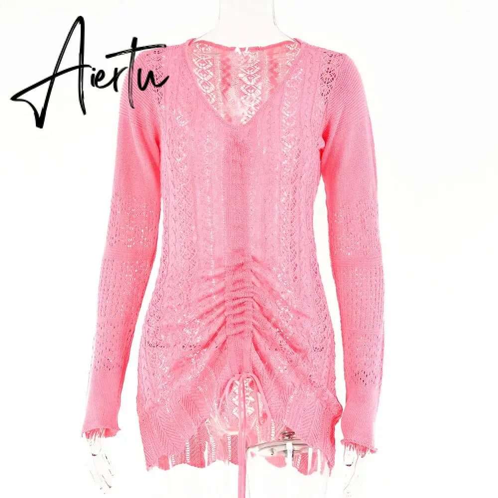 Women Deep V-neck Hollow Out Sexy Knitted Dresses Solid Long Sleeve Drawstring Mini dress Fashion Casual Spring Streetwear Aiertu