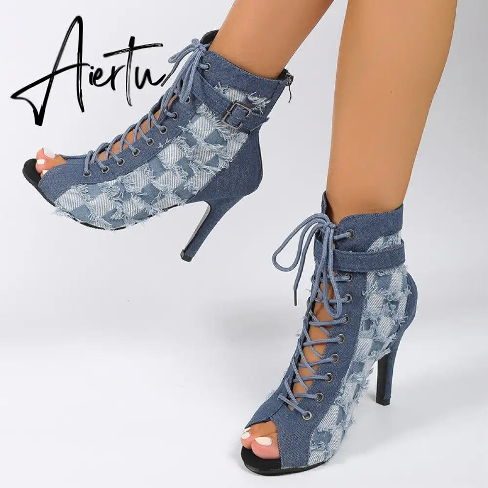 Women Denim High Heels Shoes Sexy Sandals Autumn Designer New Cool Boots Sandals Party Shoes Zipper Pumps Prom Zapatillas Aiertu