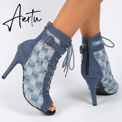 Women Denim High Heels Shoes Sexy Sandals Autumn Designer New Cool Boots Sandals Party Shoes Zipper Pumps Prom Zapatillas Aiertu