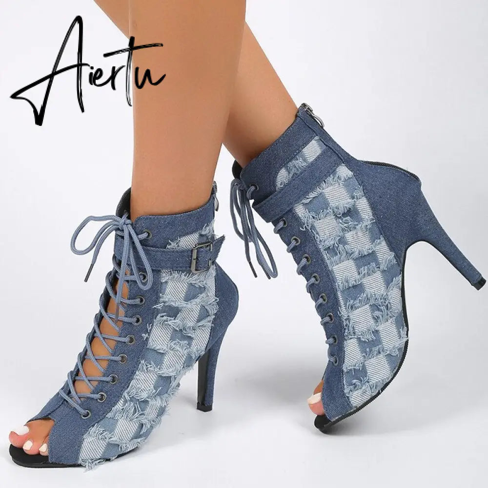 Women Denim High Heels Shoes Sexy Sandals Autumn Designer New Cool Boots Sandals Party Shoes Zipper Pumps Prom Zapatillas Aiertu