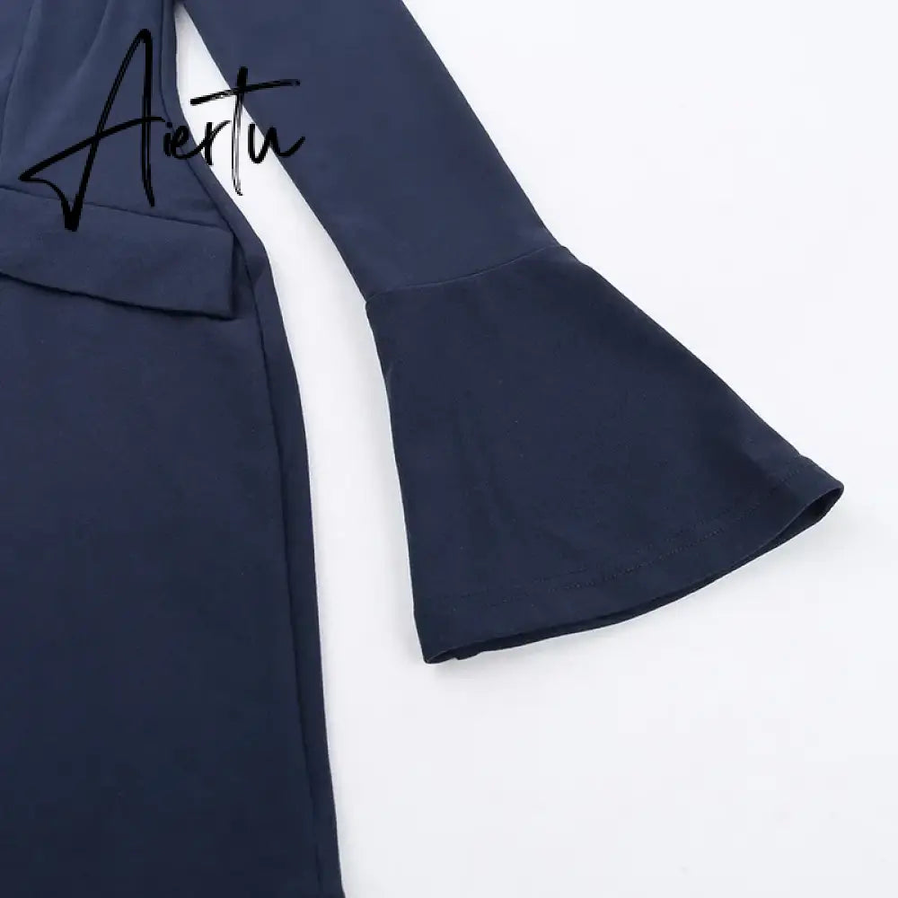 Women Elegant Dark Blue Commuting Mini Dress  Autumn Sexy Pocket Long Sleeve Bodycon Dresses Lady Chic Party Club Robe Aiertu