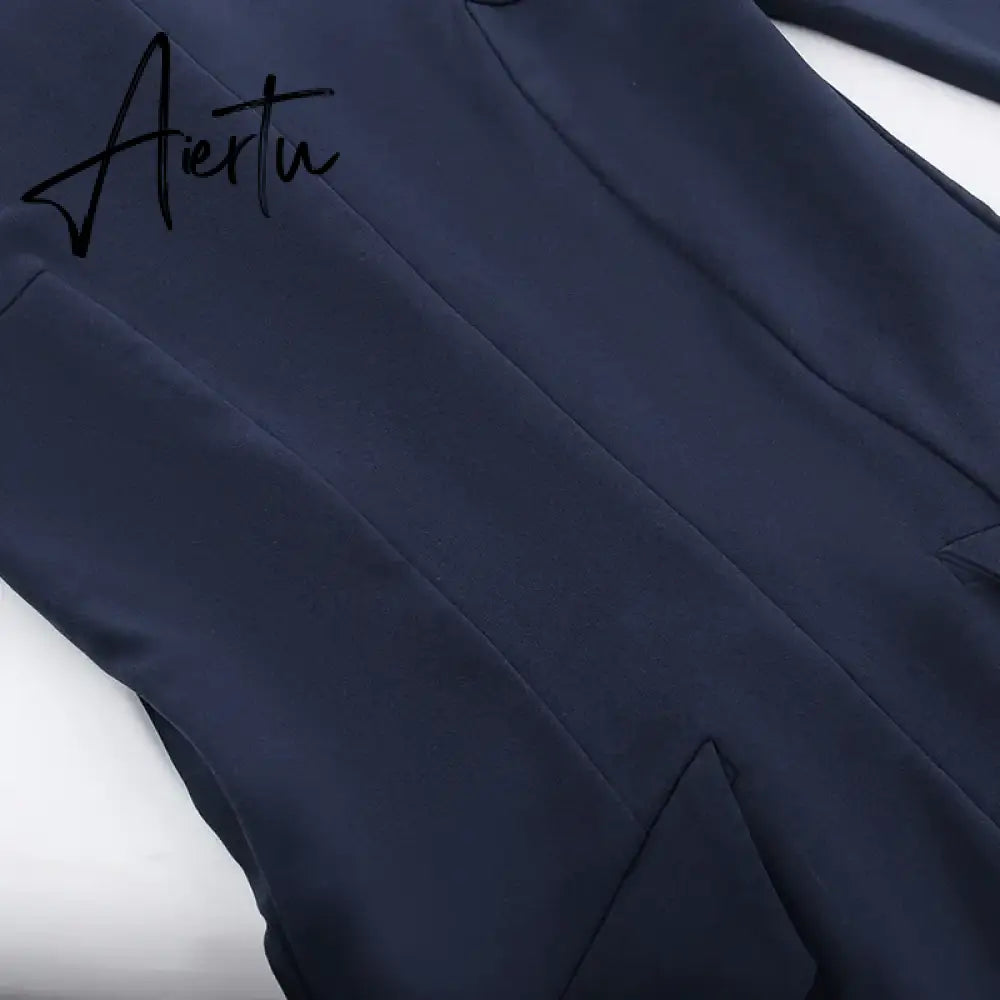 Women Elegant Dark Blue Commuting Mini Dress  Autumn Sexy Pocket Long Sleeve Bodycon Dresses Lady Chic Party Club Robe Aiertu