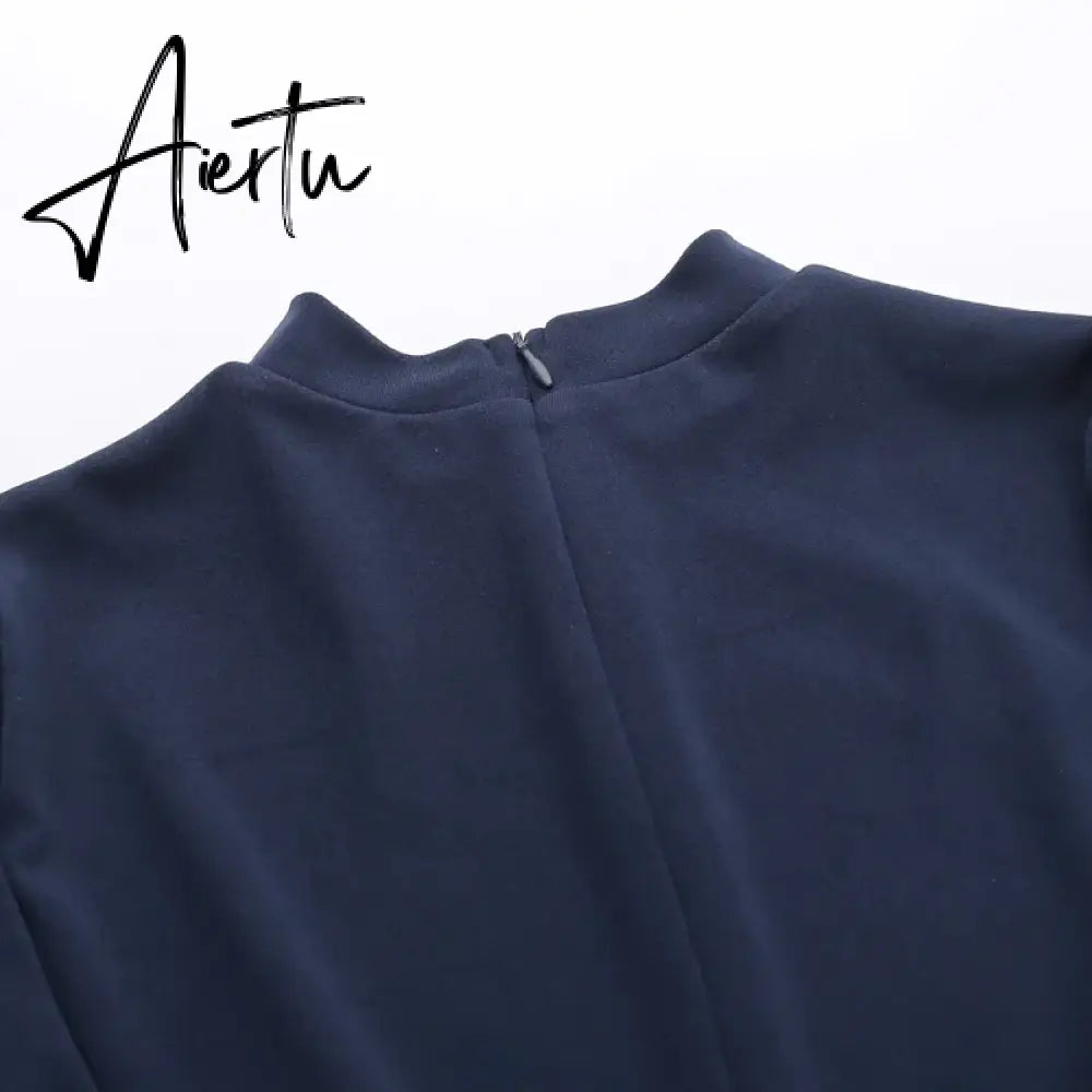 Women Elegant Dark Blue Commuting Mini Dress  Autumn Sexy Pocket Long Sleeve Bodycon Dresses Lady Chic Party Club Robe Aiertu