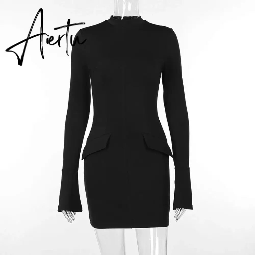 Women Elegant Dark Blue Commuting Mini Dress  Autumn Sexy Pocket Long Sleeve Bodycon Dresses Lady Chic Party Club Robe Aiertu