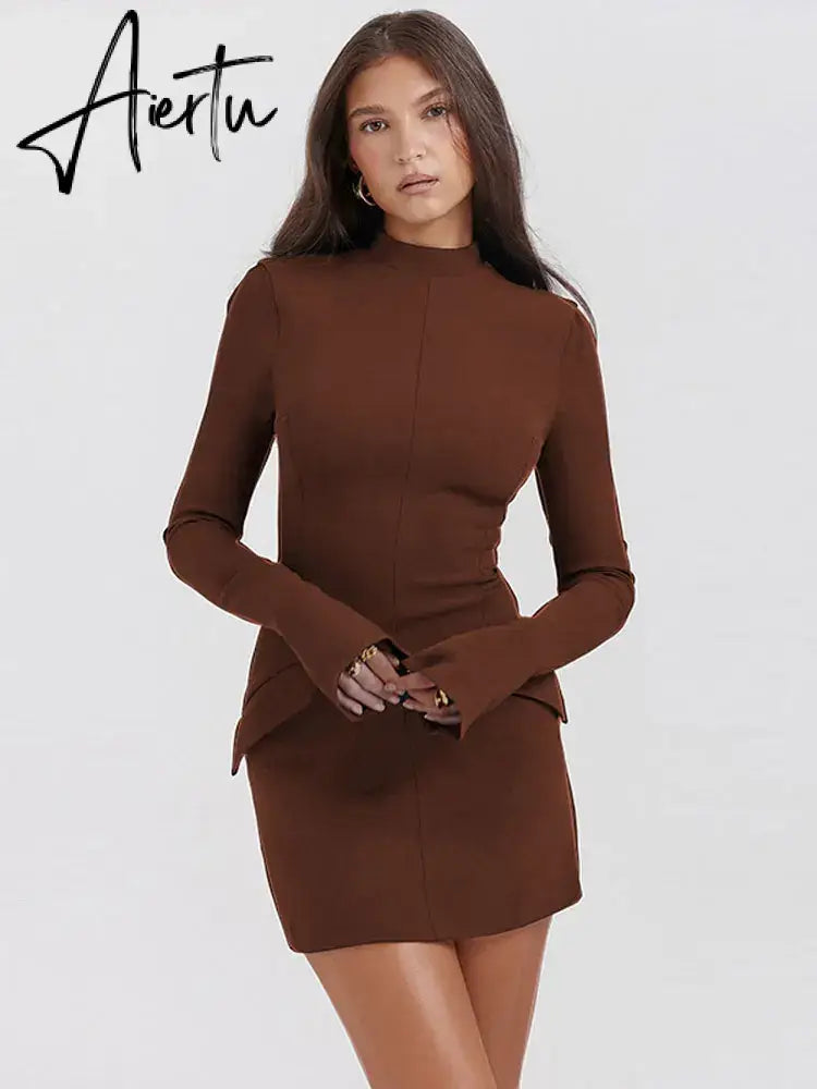 Women Elegant Dark Blue Commuting Mini Dress  Autumn Sexy Pocket Long Sleeve Bodycon Dresses Lady Chic Party Club Robe Aiertu
