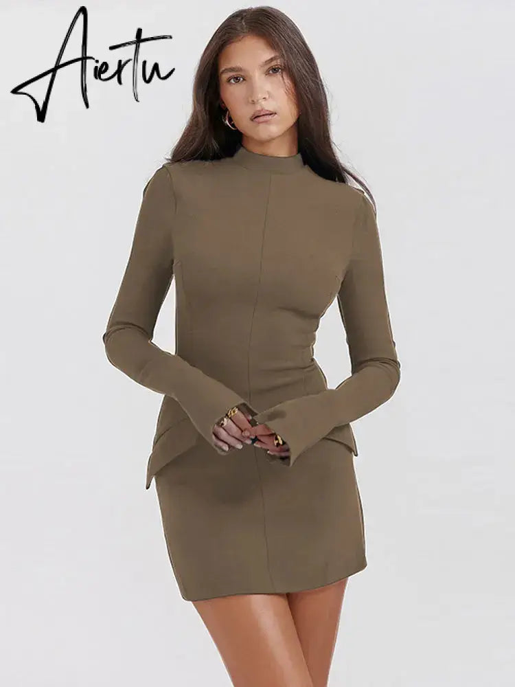 Women Elegant Dark Blue Commuting Mini Dress  Autumn Sexy Pocket Long Sleeve Bodycon Dresses Lady Chic Party Club Robe Aiertu