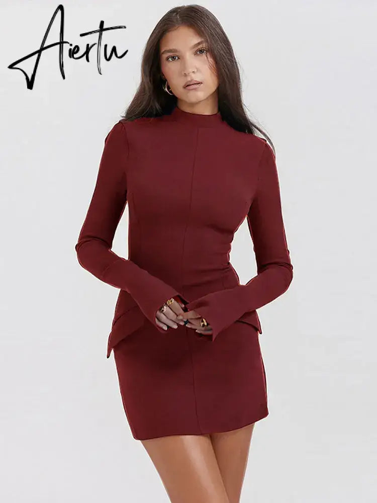 Women Elegant Dark Blue Commuting Mini Dress  Autumn Sexy Pocket Long Sleeve Bodycon Dresses Lady Chic Party Club Robe Aiertu