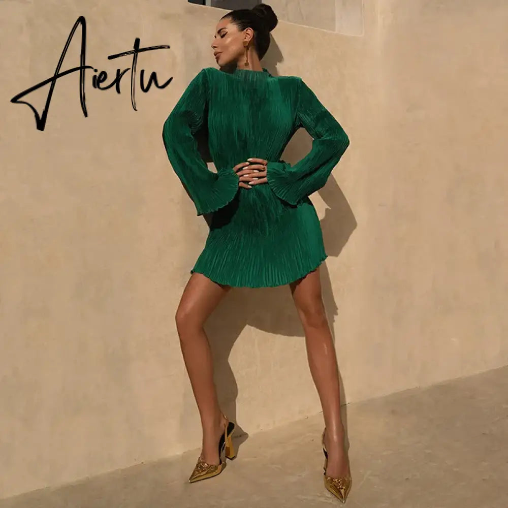 Women Elegant Long Sleeve Streetwear Bodycon Green Fall Mini Dress Christmas Autumn Clothes Wholesale Items For Business Aiertu