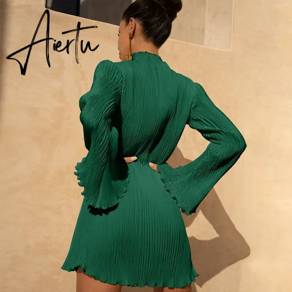 Women Elegant Long Sleeve Streetwear Bodycon Green Fall Mini Dress Christmas Autumn Clothes Wholesale Items For Business Aiertu