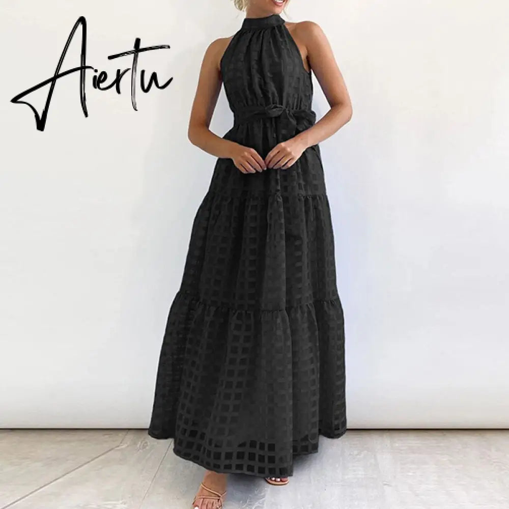 Women Elegant Loose Pleated Long Party Dress Ladies Summer Sexy Sleevelss Dress Fashion High Street Cascading Ruffle Maxi Dress Aiertu