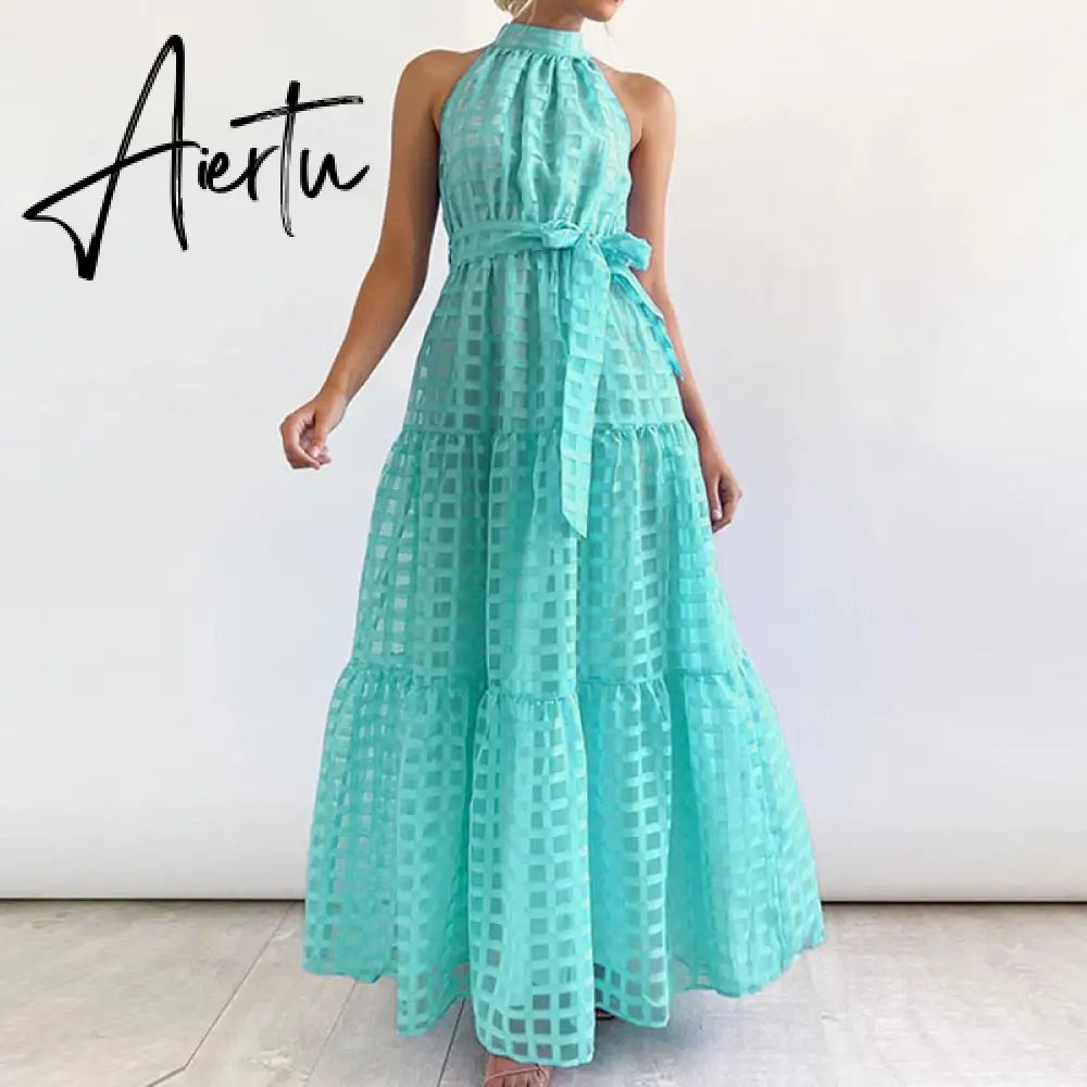 Women Elegant Loose Pleated Long Party Dress Ladies Summer Sexy Sleevelss Dress Fashion High Street Cascading Ruffle Maxi Dress Aiertu