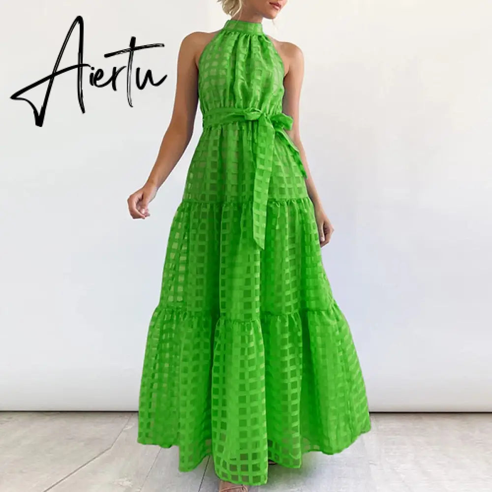 Women Elegant Loose Pleated Long Party Dress Ladies Summer Sexy Sleevelss Dress Fashion High Street Cascading Ruffle Maxi Dress Aiertu