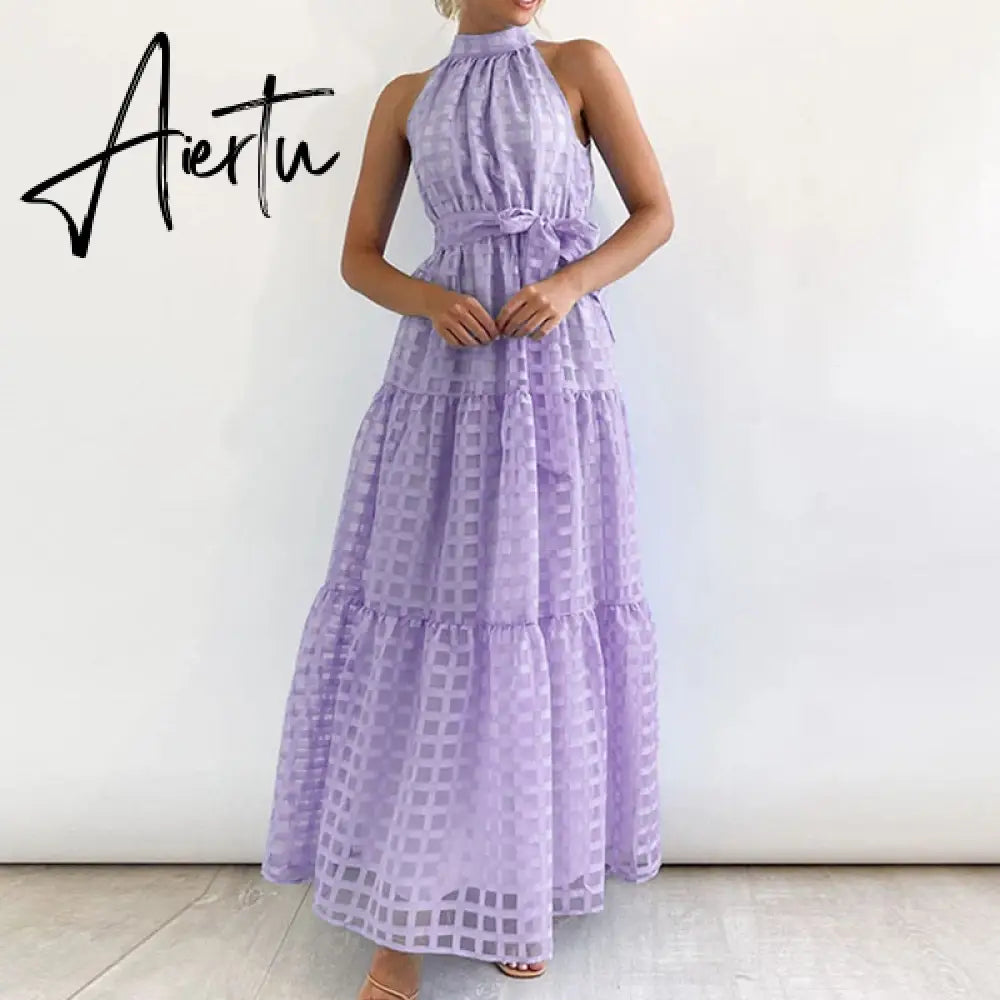 Women Elegant Loose Pleated Long Party Dress Ladies Summer Sexy Sleevelss Dress Fashion High Street Cascading Ruffle Maxi Dress Aiertu