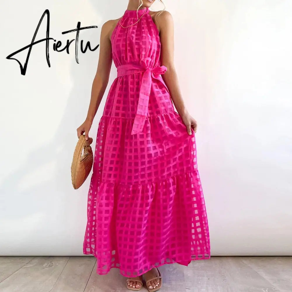 Women Elegant Loose Pleated Long Party Dress Ladies Summer Sexy Sleevelss Dress Fashion High Street Cascading Ruffle Maxi Dress Aiertu