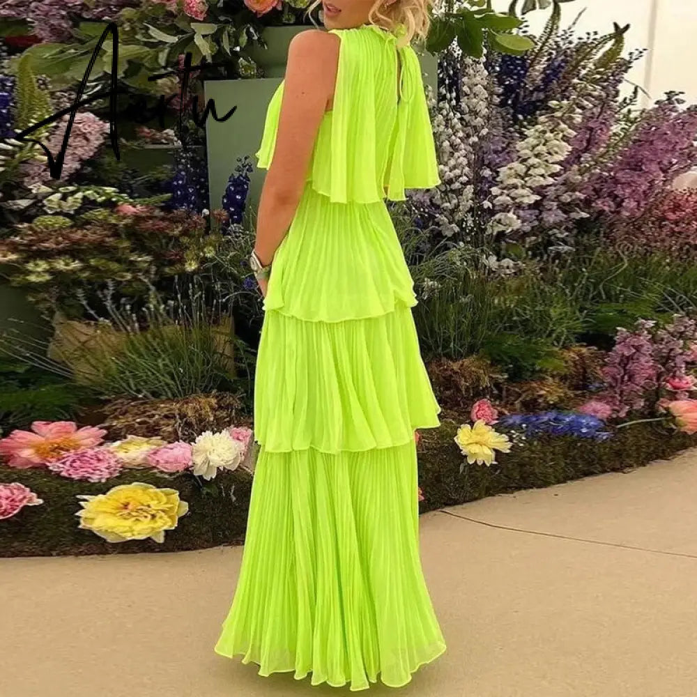 Women Elegant Loose Pleated Long Party Dress Ladies Summer Sexy Sleevelss Dress Fashion High Street Cascading Ruffle Maxi Dress Aiertu