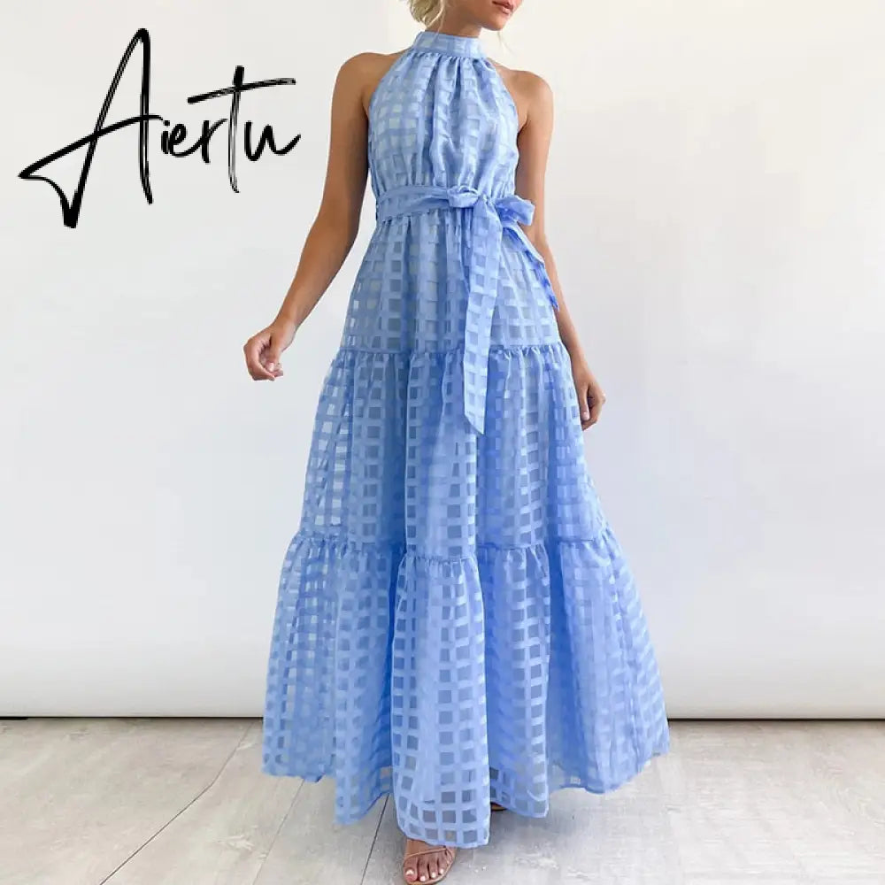 Women Elegant Loose Pleated Long Party Dress Ladies Summer Sexy Sleevelss Dress Fashion High Street Cascading Ruffle Maxi Dress Aiertu