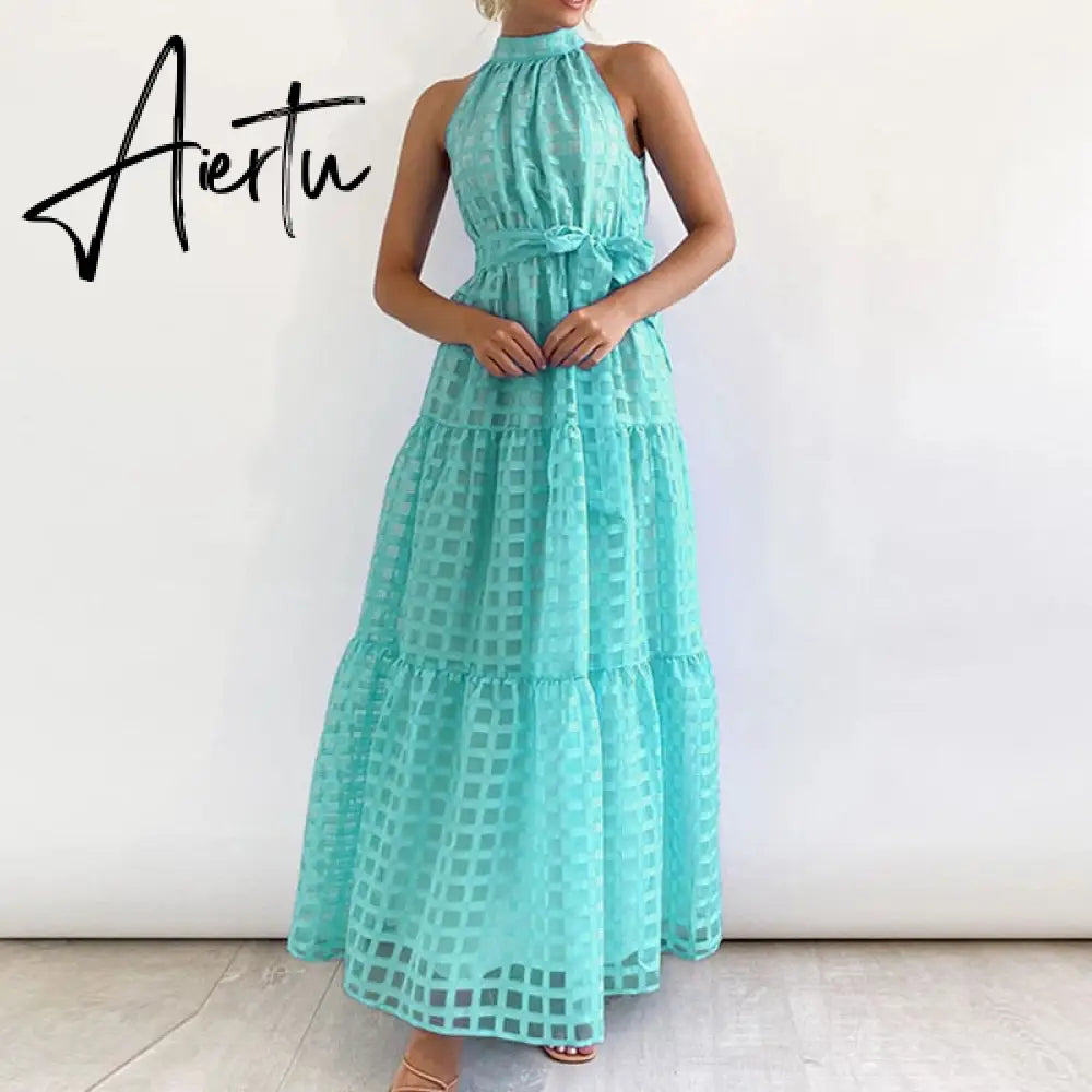 Women Elegant Loose Pleated Long Party Dress Ladies Summer Sexy Sleevelss Dress Fashion High Street Cascading Ruffle Maxi Dress Aiertu
