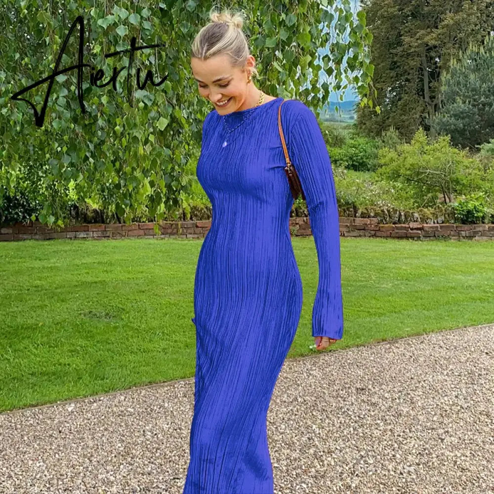 Women Elegant Ribbed Solid O Neck Long Sleeve Maxi Prom Dress Fall Sexy Bodycon Evening Birthday Party Y2K Robe Aiertu