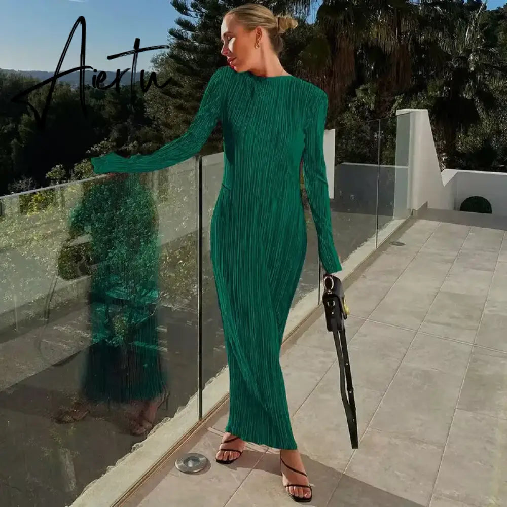Women Elegant Ribbed Solid O Neck Long Sleeve Maxi Prom Dress Fall Sexy Bodycon Evening Birthday Party Y2K Robe Aiertu