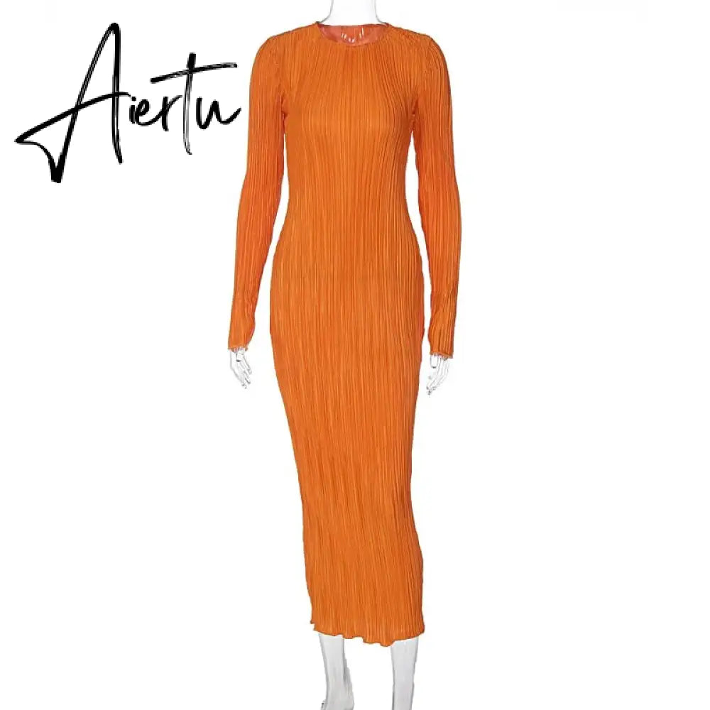 Women Elegant Ribbed Solid O Neck Long Sleeve Maxi Prom Dress Fall Sexy Bodycon Evening Birthday Party Y2K Robe Aiertu