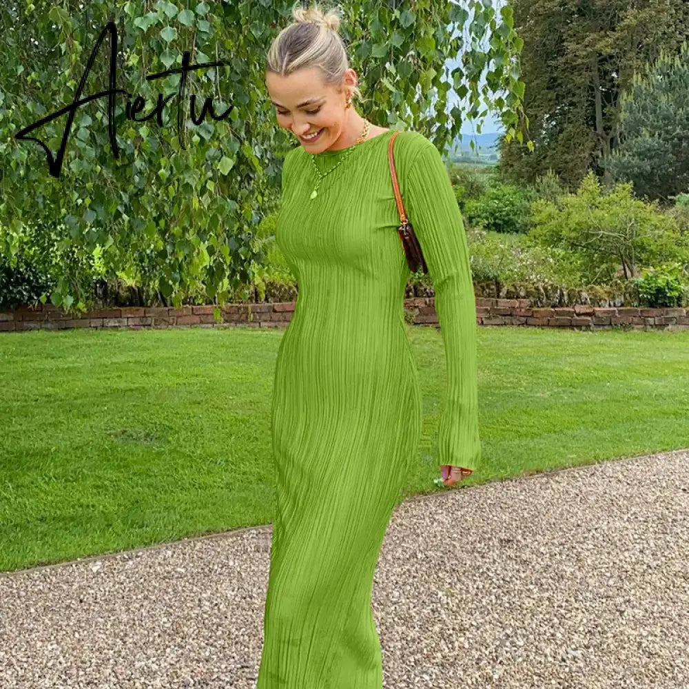 Women Elegant Ribbed Solid O Neck Long Sleeve Maxi Prom Dress Fall Sexy Bodycon Evening Birthday Party Y2K Robe Aiertu