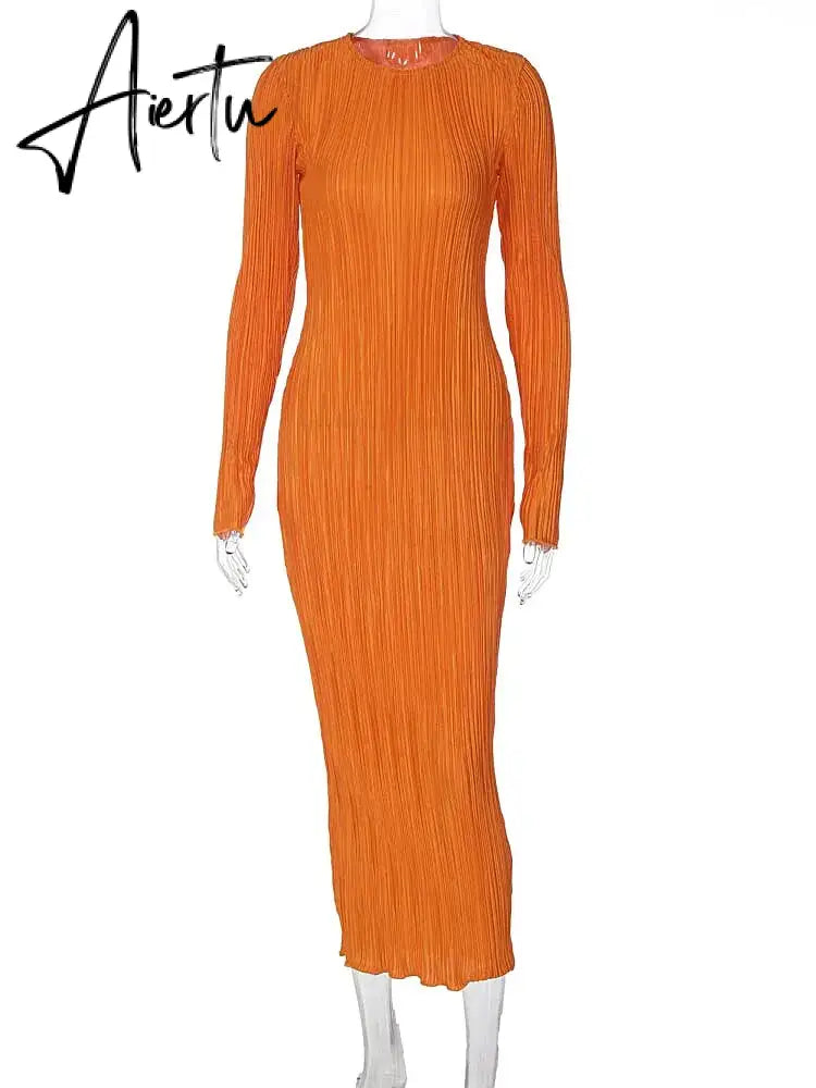 Women Elegant Ribbed Solid O Neck Long Sleeve Maxi Prom Dress Fall Sexy Bodycon Evening Birthday Party Y2K Robe Aiertu