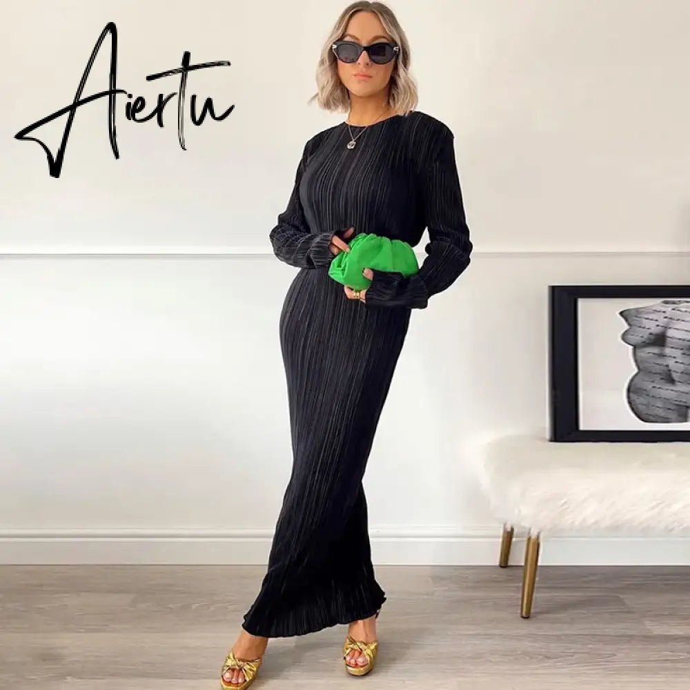 Women Elegant Ribbed Solid O Neck Long Sleeve Maxi Prom Dress Fall Sexy Bodycon Evening Birthday Party Y2K Robe Aiertu