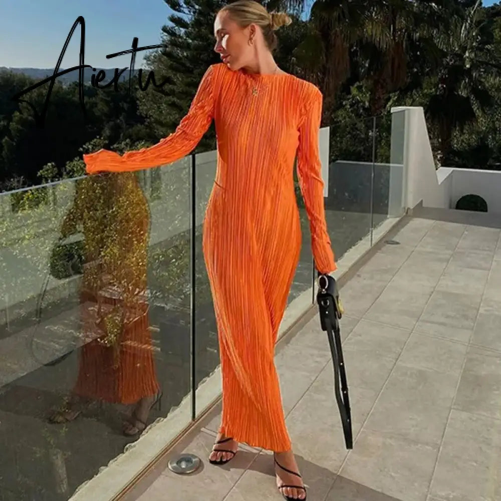 Women Elegant Ribbed Solid O Neck Long Sleeve Maxi Prom Dress Fall Sexy Bodycon Evening Birthday Party Y2K Robe Aiertu