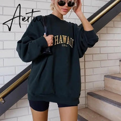 Women Embroidery Letter Print Sweatershirts Round Neck Oversize Sweatershirt Casual Tops Autumn Spring Purple Hoodies Aiertu