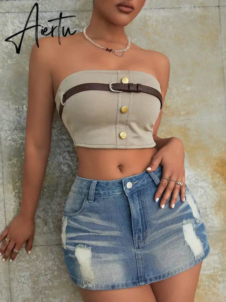 Women Fashion 90S Vintage Preppy Ripped Slant Pocket Denim Mini Skort Sexy Girl Rave Street Skinny Shorts Mujer Aiertu