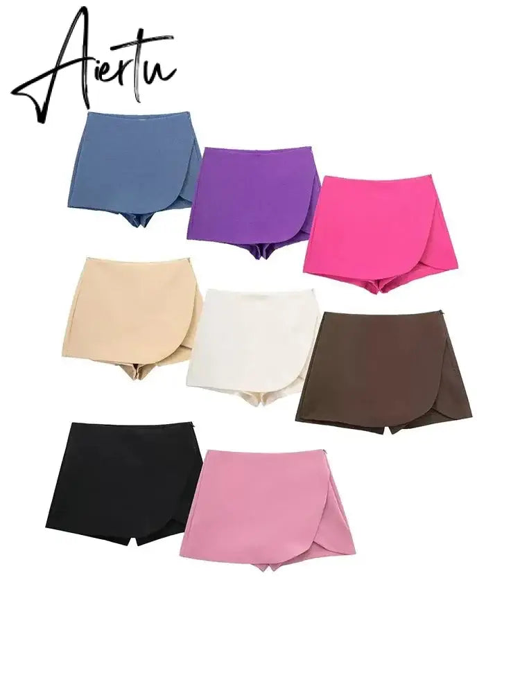 Women Fashion Casual Mini Asymmetrical Skirts Shorts High Waist Back Pockets Wide Leg Skirts Zipper Female Shorts Aiertu