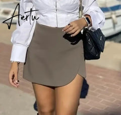 Women Fashion Casual Mini Asymmetrical Skirts Shorts High Waist Back Pockets Wide Leg Skirts Zipper Female Shorts Aiertu