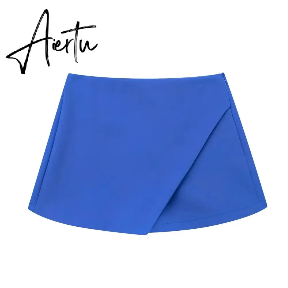 Women Fashion Casual Mini Asymmetrical Skirts Shorts High Waist Back Pockets Wide Leg Skirts Zipper Female Shorts Aiertu